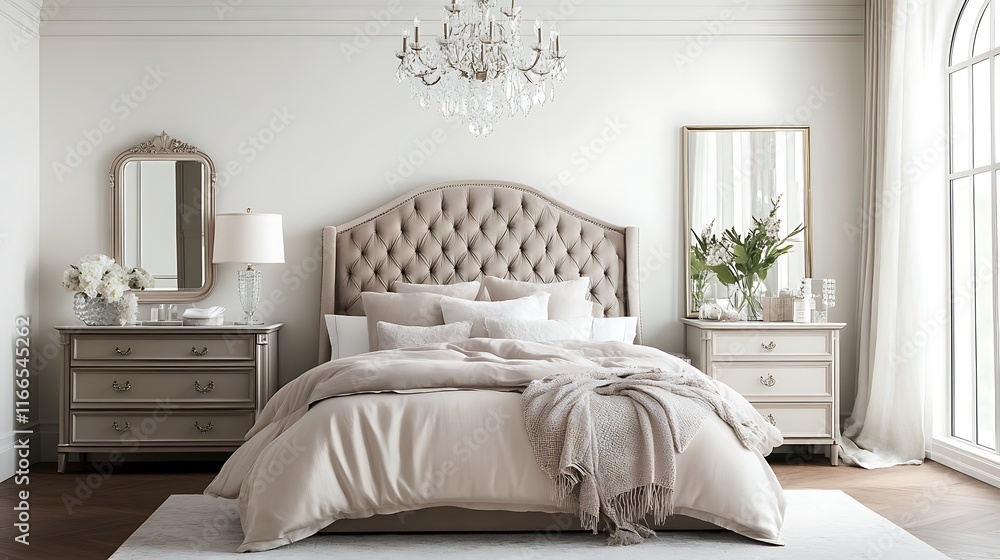 Fototapeta premium Elegant bedroom design with chandelier modern home interior style