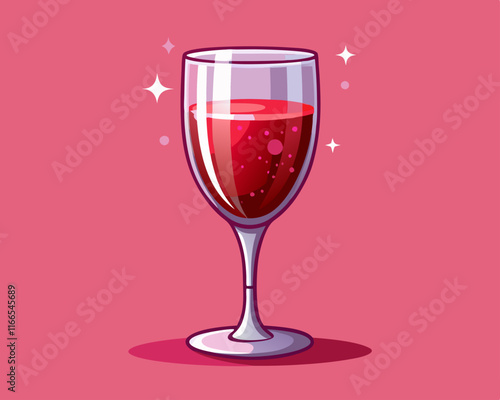 A sparkling crystal wine glass filled with red liquid, standing against a soft pink backdrop