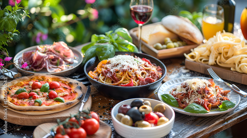 Assorted Italian food set on table Assorted Italian food set on table
