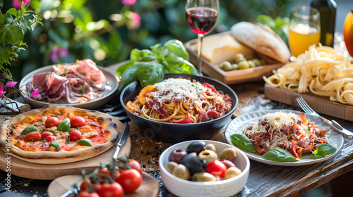 Assorted Italian food set on table