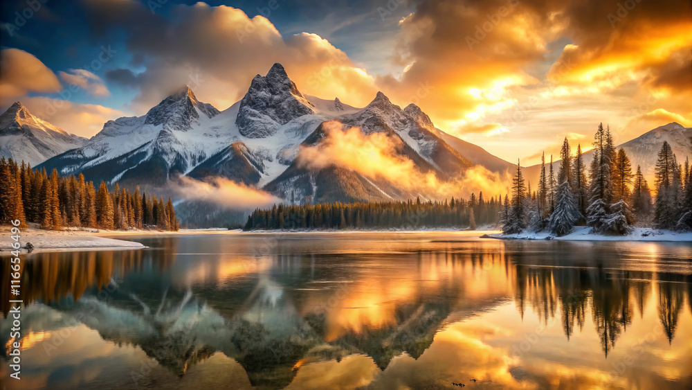 Fototapeta premium stunning winter mountain vista with amber hues reflecting on water