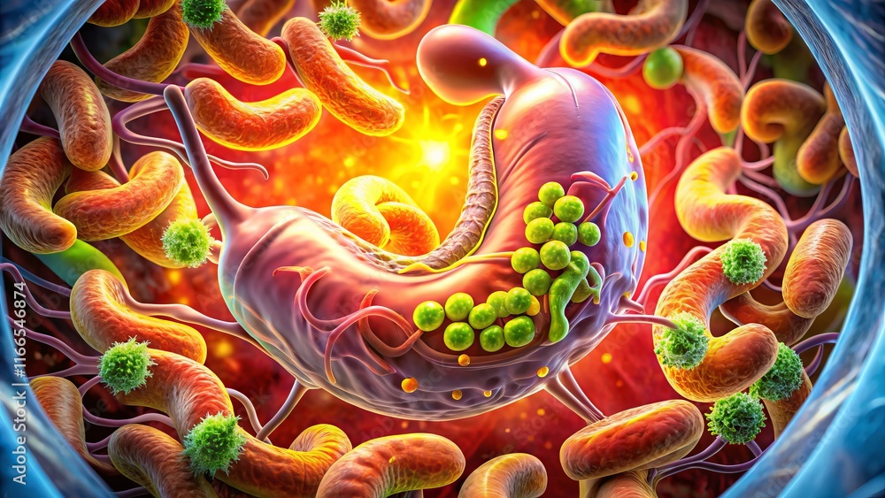 Microscopic Helicobacter pylori Bacteria Infecting Stomach Lining - Gastritis Microscopic Helicobacter pylori Bacteria Infecting Stomach Lining - Gastritis