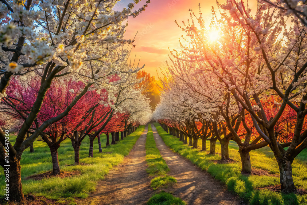 vibrant orchard path with blooming trees and stunning sunset vibrant orchard path with blooming trees and stunning sunset