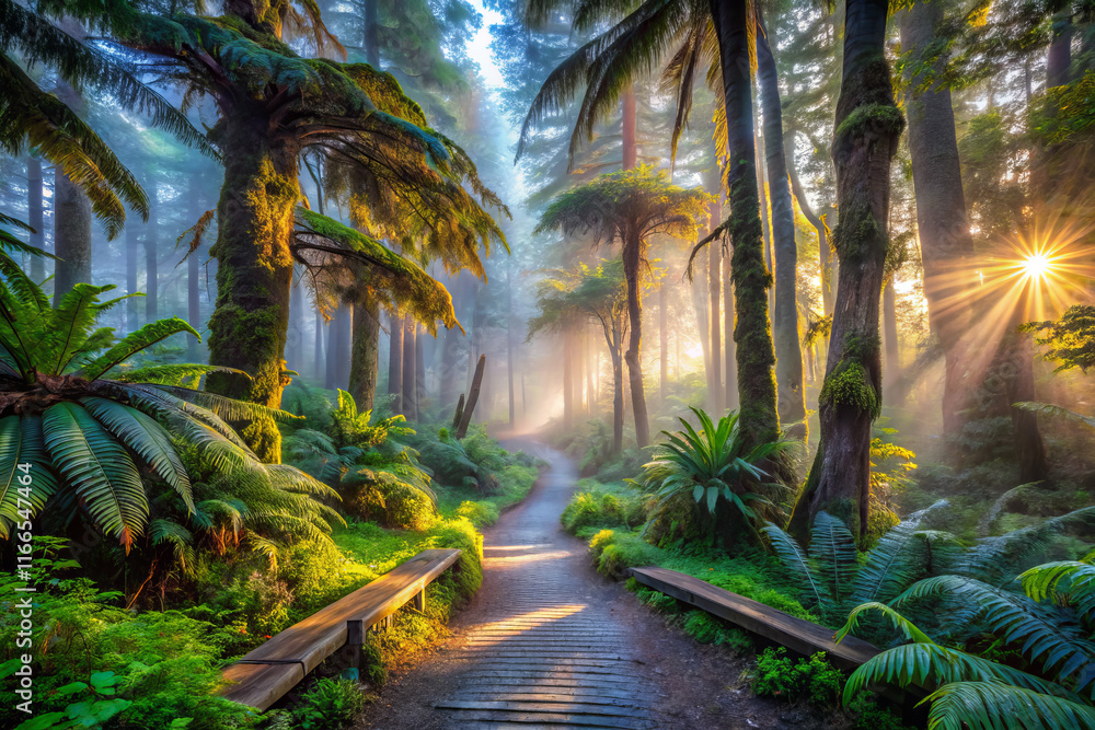 Naklejka premium serene sun dappled forest path, bathed in tropical light and greenery