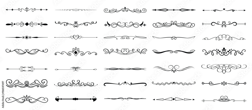 dividers doodle set. Wedding decorative elements. Divider ornament, borders, vintage line separators. Hand drawn vector illustration isolated on white background
