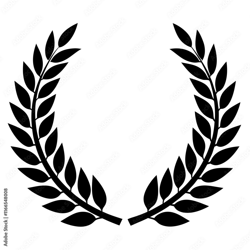 Set of black and white silhouette circular laurel foliate and wheat wreaths depicting an award achievement Set of black and white silhouette circular laurel foliate and wheat wreaths depicting an award achievement