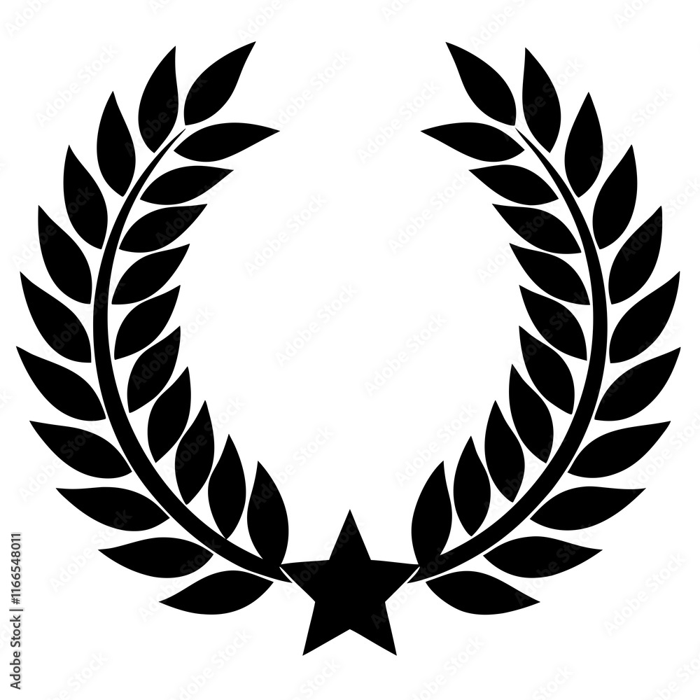 Set of black and white silhouette circular laurel foliate and wheat wreaths depicting an award achievement Set of black and white silhouette circular laurel foliate and wheat wreaths depicting an award achievement