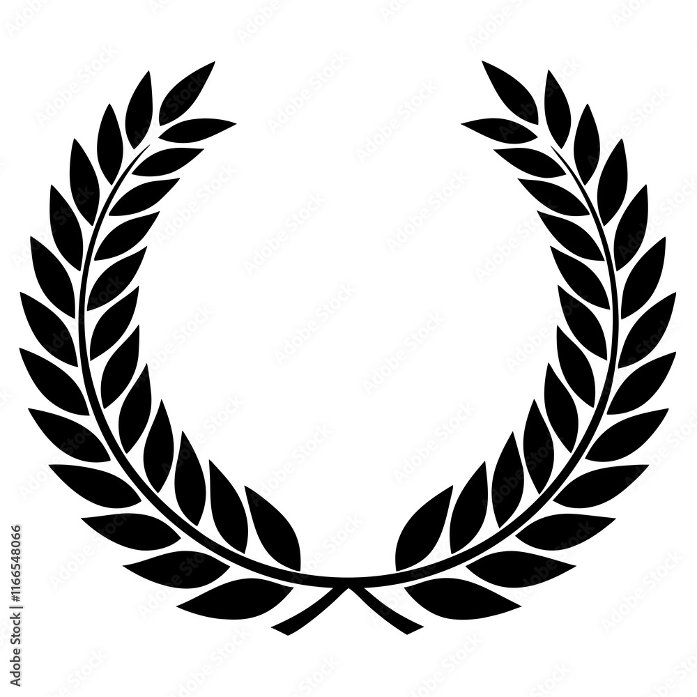 Set of black and white silhouette circular laurel foliate and wheat wreaths depicting an award achievement Set of black and white silhouette circular laurel foliate and wheat wreaths depicting an award achievement
