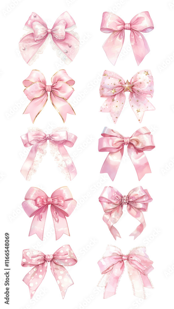 PNG watercolor coquette pink bow ribbon element set, transparent background PNG watercolor coquette pink bow ribbon element set, transparent background