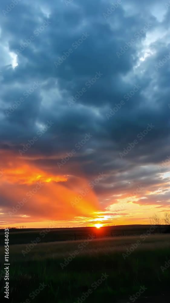 Sunrise over grassy field with dramatic clouds on farmland, vertical footage Sunrise over grassy field with dramatic clouds on farmland, vertical footage