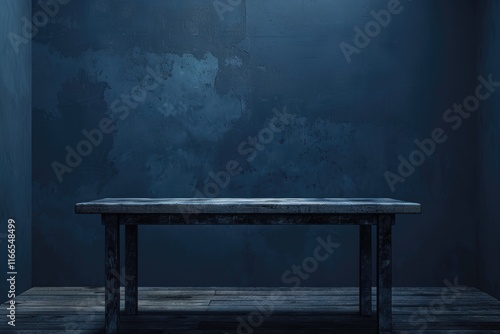 empty table in dark blue room