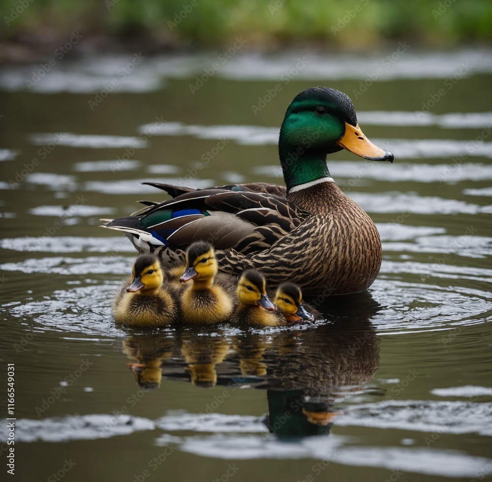 Fototapeta premium Focus on a duck leading its ducklings.
