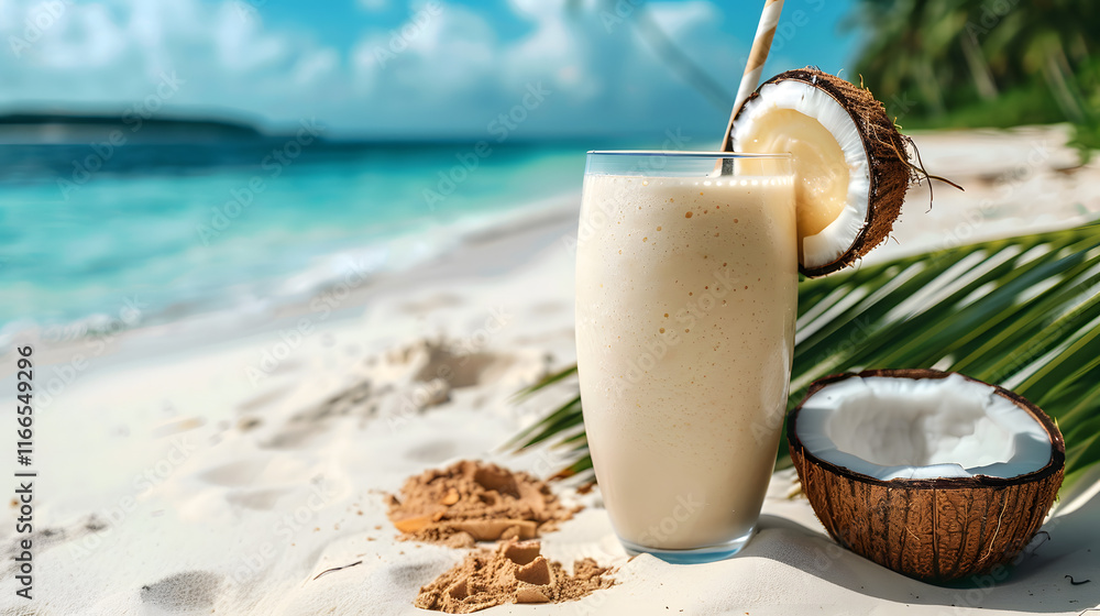 Chilled coconut smoothie with a slice of fresh coconut set against a tropical beach backdrop Chilled coconut smoothie with a slice of fresh coconut set against a tropical beach backdrop