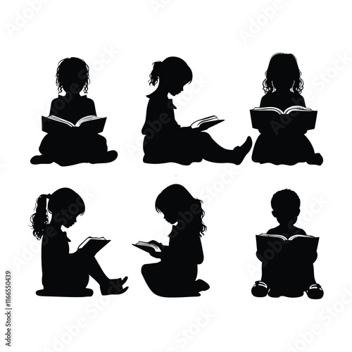 Child Reading book vector silhouette set