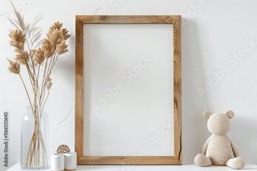Wooden frame mockup for artwork  poster or photo on white table  nursery interior.