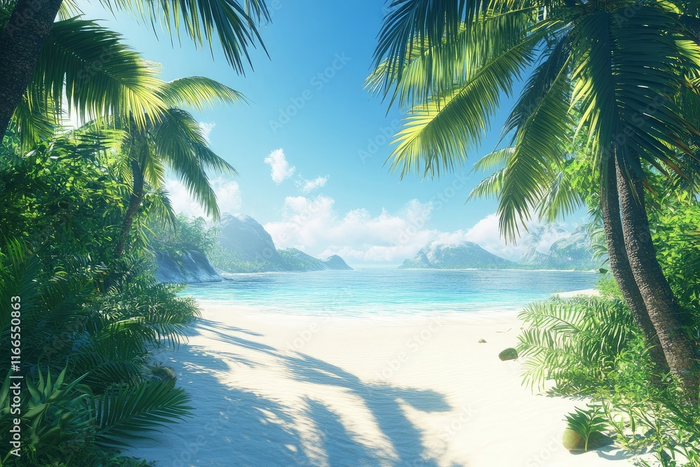 Obraz premium A serene tropical beach scene with palm trees and calm turquoise waters.