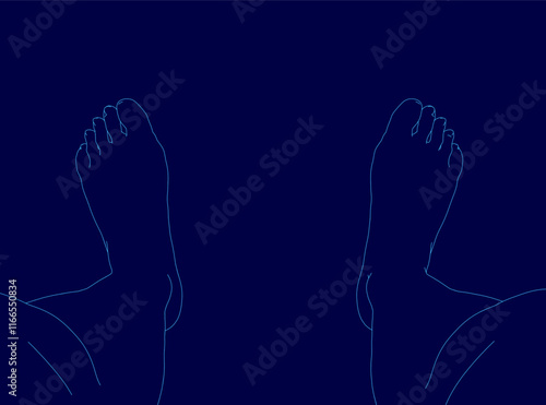 Blue background with two feet on it. The feet are in shadow and the background is dark blue