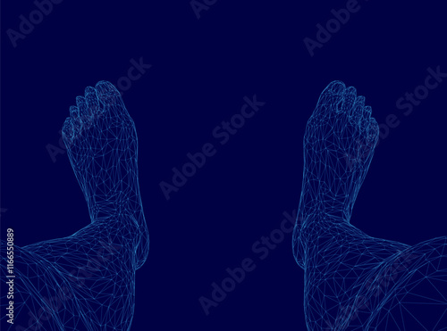 The image is a blue background with two feet in the foreground. The feet are connected by a line, and the image has a futuristic feel to it