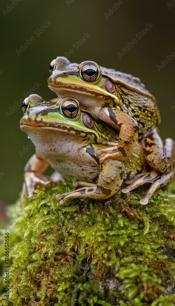Two frogs perched on moss, showcasing their vibrant colors and natural habitat. Two frogs perched on moss, showcasing their vibrant colors and natural habitat.