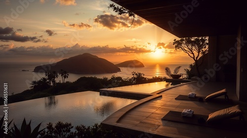 Stunning sunset view over the ocean from a villa with a pool. The sun reflects beautifully on the water and pool photo