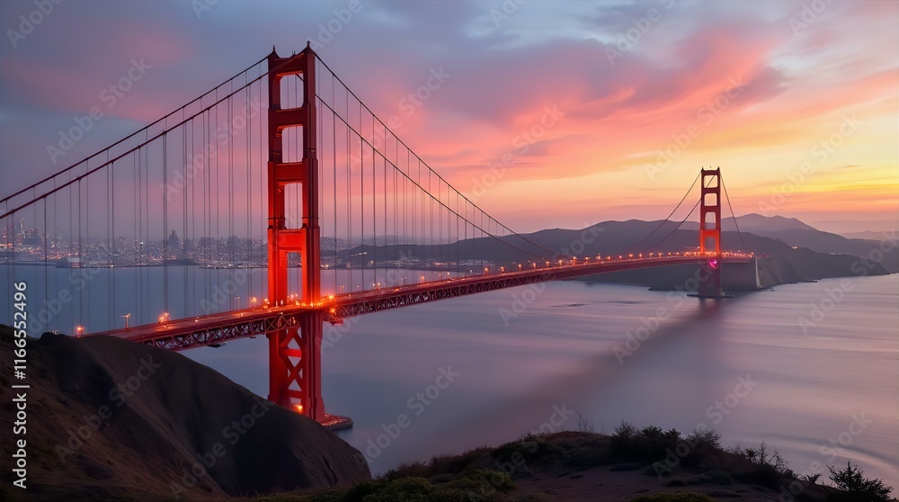 Golden Gate Bridge at Sunset: A Panoramic View from a Hilltop, Capturing the Vibrant Colors and Tranquil Atmosphere Golden Gate Bridge at Sunset: A Panoramic View from a Hilltop, Capturing the Vibrant Colors and Tranquil Atmosphere
