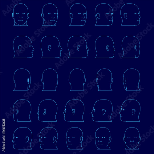 Series of blue drawings of heads. The drawings are all different angles, but they all have the same basic shape. Scene is somewhat abstract