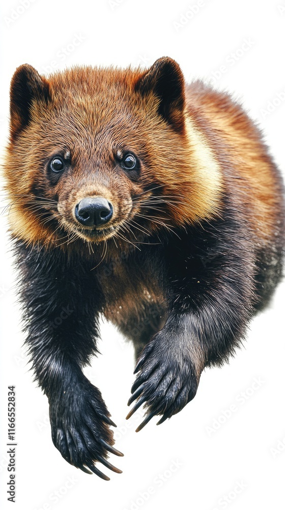 Fototapeta premium A close-up of a wolverine with a focused expression, showcasing its fur and features.