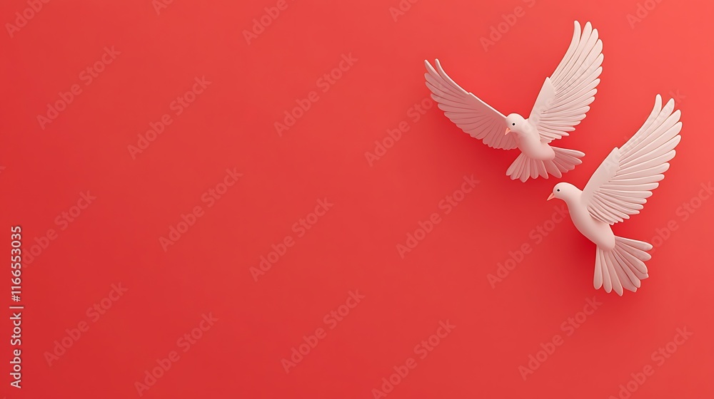 Two White Doves in Flight Against Red Background Two White Doves in Flight Against Red Background