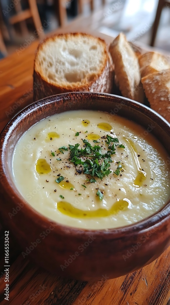 Bowl of homemade creamy leek soup with parsley and bread on a wooden background Bowl of homemade creamy leek soup with parsley and bread on a wooden background