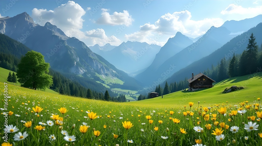 Obraz premium Idyllic Alpine Meadow: A Picturesque Wooden Cabin Nestled Amongst Vibrant Wildflowers and Majestic Mountains Under a Partly Cloudy Sky