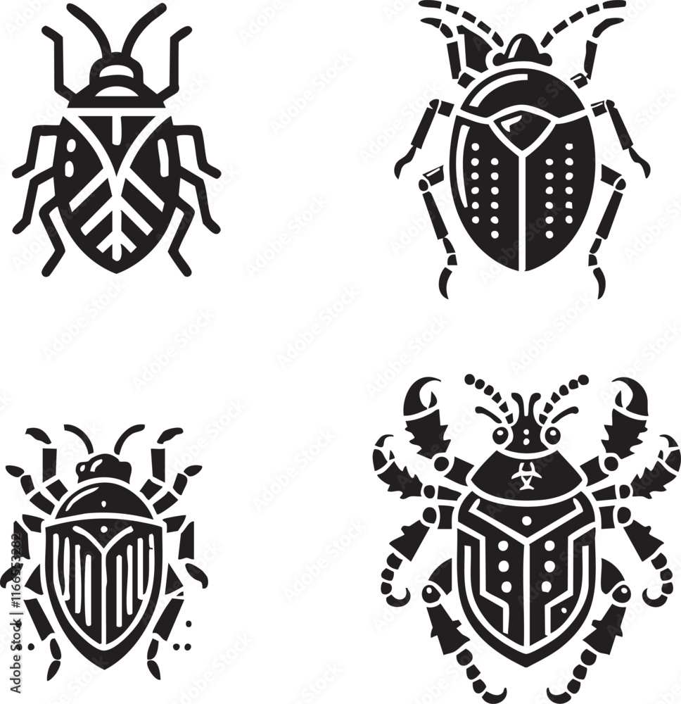 Fototapeta premium Detailed Silhouettes of Four Brown Shield Bugs Showcasing Intricate Patterns in Monochrome