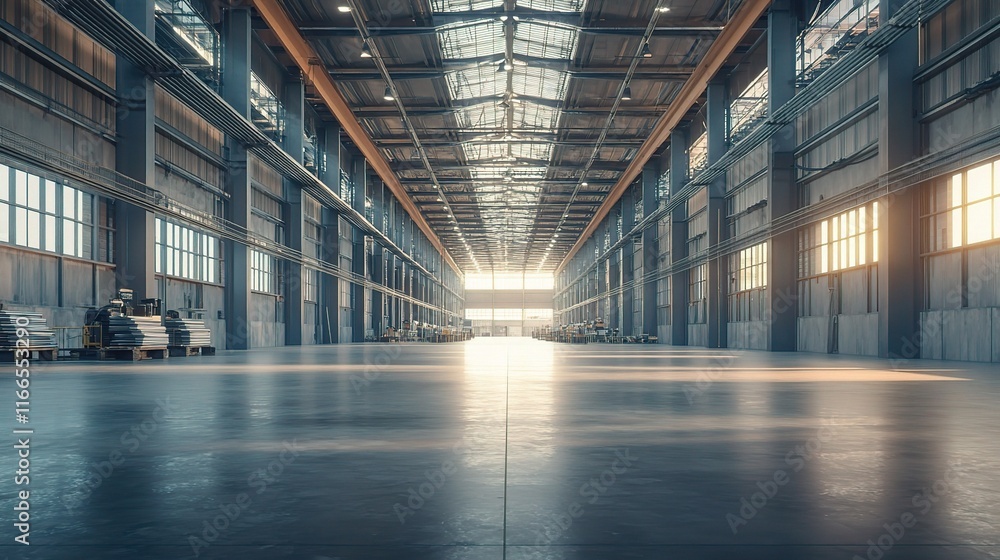 Spacious Industrial Factory Floor with Rolling Steel Sheets Spacious Industrial Factory Floor with Rolling Steel Sheets