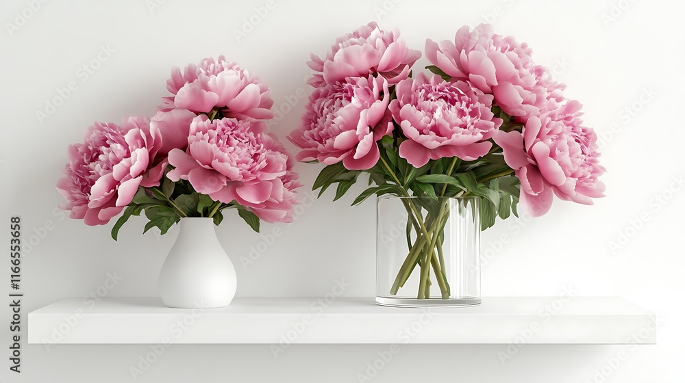 Fototapeta premium White frame mockup with peony flowers in glass vase on white wall