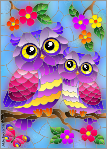 Stained glass illustration with bright cartoon owls against a blue sky and flowers, in a bright frame