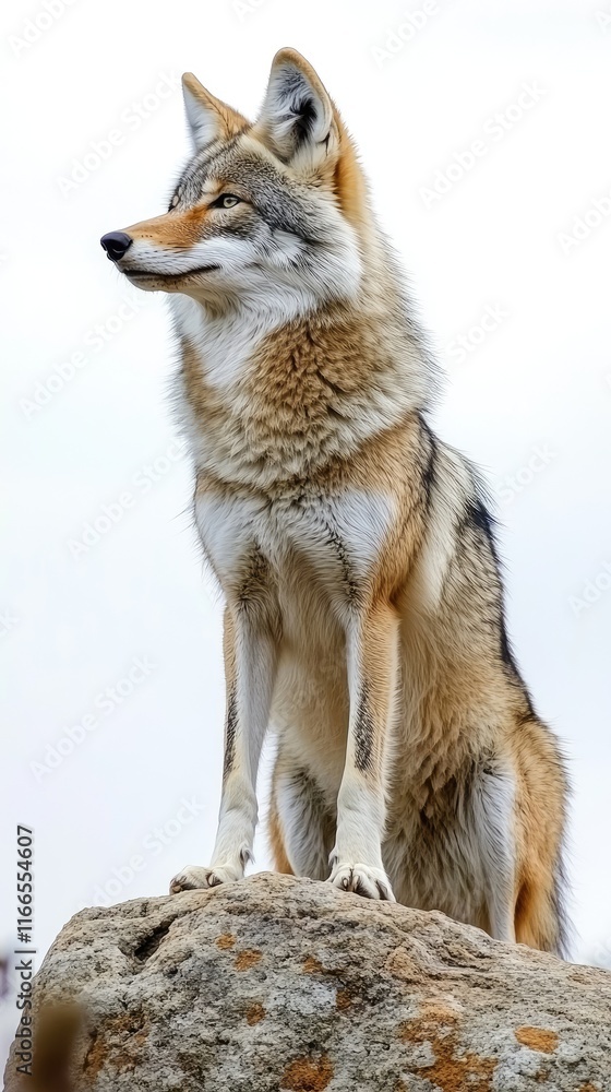 Fototapeta premium A coyote stands majestically on a rock, gazing into the distance against a cloudy sky.