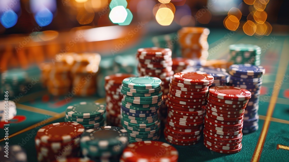 Stacks of Colorful Casino Chips Highlighted Against a Roulette and Poker Game Setting Stacks of Colorful Casino Chips Highlighted Against a Roulette and Poker Game Setting