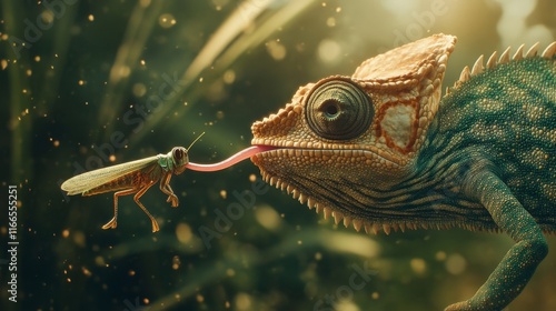 Highly detailed of a chameleon catching a grasshopper with its tongue,in soft focus against a green natural background