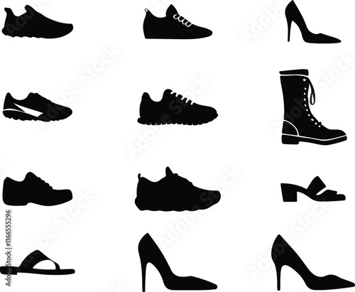 Shoes icons set. Black silhouettes on white background. Vector illustration.