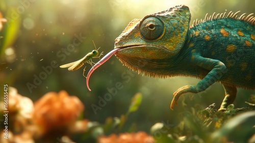 Highly detailed of a chameleon catching a grasshopper with its tongue,in soft focus against a green natural background