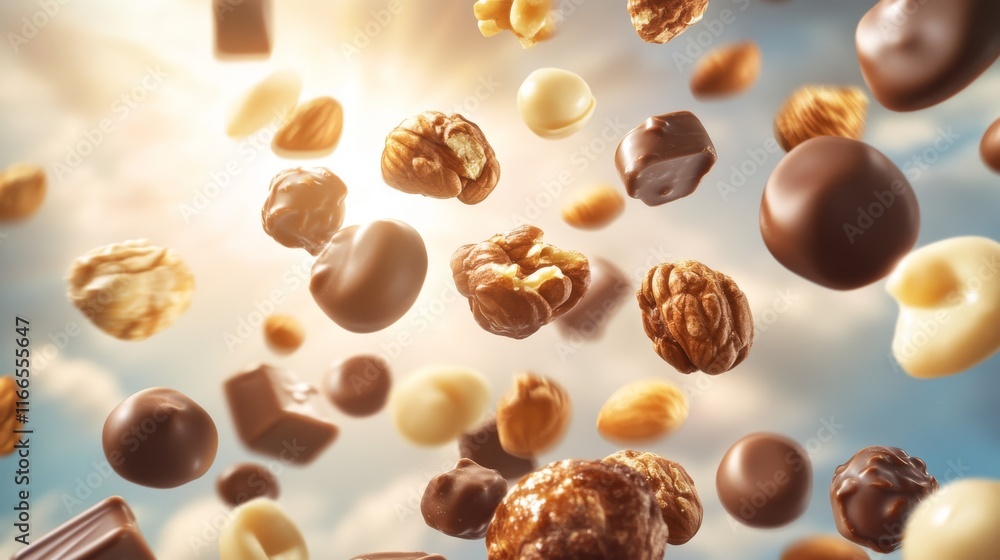 Cascading Chocolate-Covered Nuts in Sunlit Sky - Tempting Confectionery Delight in Motion Cascading Chocolate-Covered Nuts in Sunlit Sky - Tempting Confectionery Delight in Motion