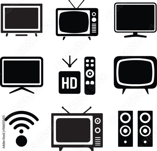 TV icon set. Vector illustration in black on a white background.