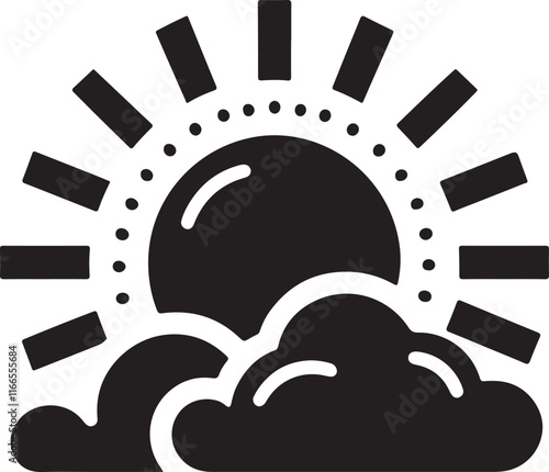 harming silhouette vector of the sun partially obscured by fluffy clouds, ideal for weather-themed designs, nature artwork, and decorative patterns.