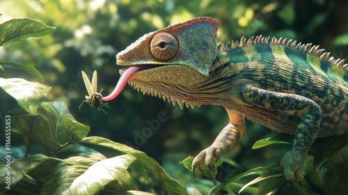 Highly detailed of a chameleon catching a grasshopper with its tongue,in soft focus against a green natural background