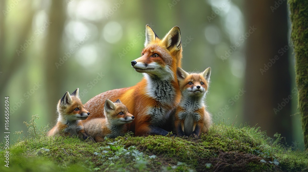 Fototapeta premium A mother fox and her three kits resting on moss in a serene forest setting.