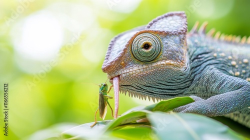 Highly detailed of a chameleon catching a grasshopper with its tongue,in soft focus against a green natural background