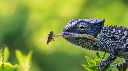 Highly detailed of a chameleon catching a grasshopper with its tongue,in soft focus against a green natural background