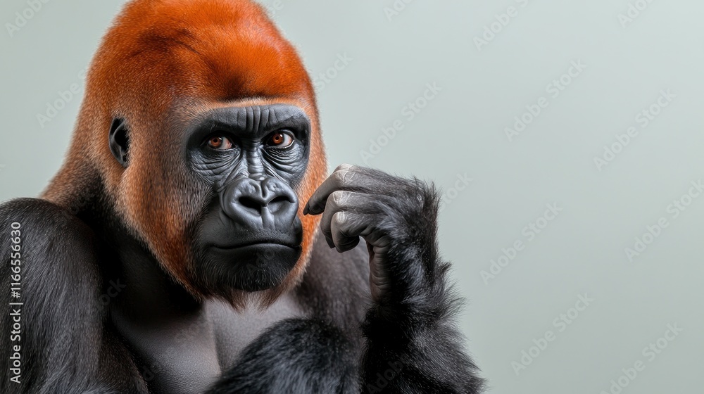 Fototapeta premium A thoughtful gorilla with a striking orange tuft of hair.