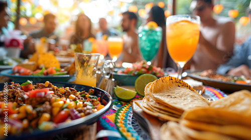Cinco de Mayo party with food and drinks in the foreground and a group of people celebrating