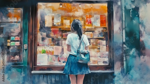 Beautiful young woman standing in front of a shop window. Digital watercolor painting