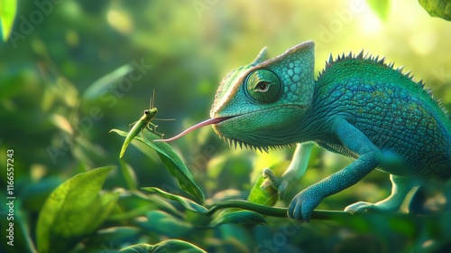 Highly detailed of a chameleon catching a grasshopper with its tongue,in soft focus against a green natural background